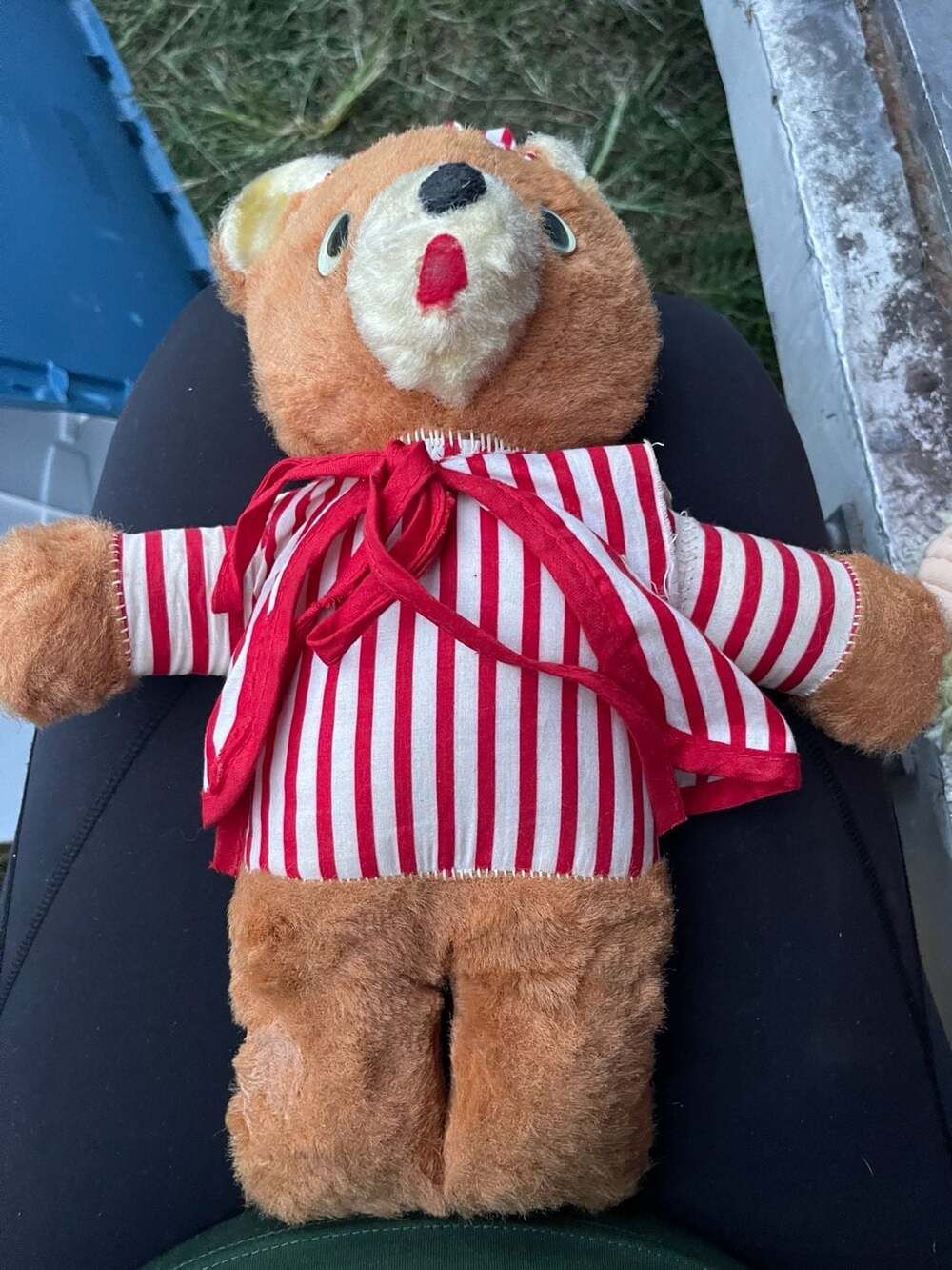 Vintage Stuffed Plush Teddy Bear Wearing Red and White Striped Pajamas